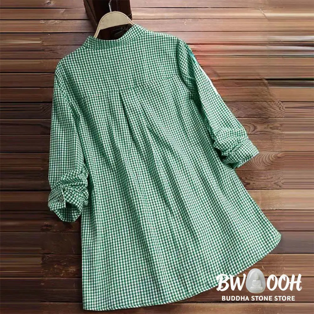 Buddha Stones Women’s Buttons Long Sleeve Checked Pattern Shirt - Women’s Shirts