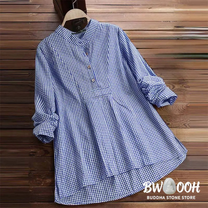 Buddha Stones Women’s Buttons Long Sleeve Checked Pattern Shirt - Women’s Shirts