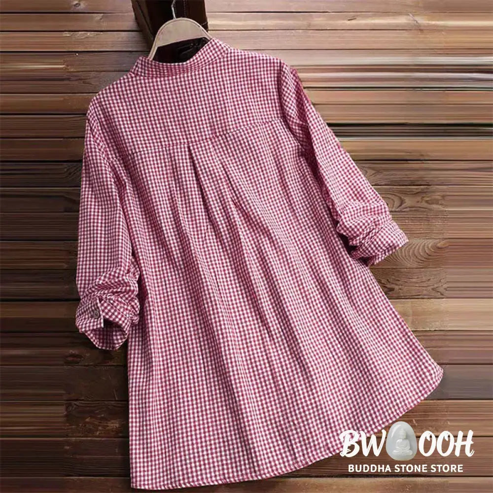 Buddha Stones Women’s Buttons Long Sleeve Checked Pattern Shirt - Women’s Shirts