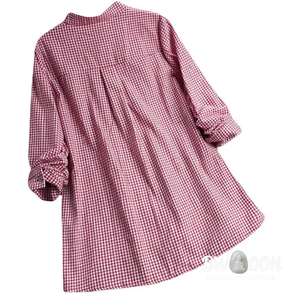 Buddha Stones Women’s Buttons Long Sleeve Checked Pattern Shirt - Women’s Shirts