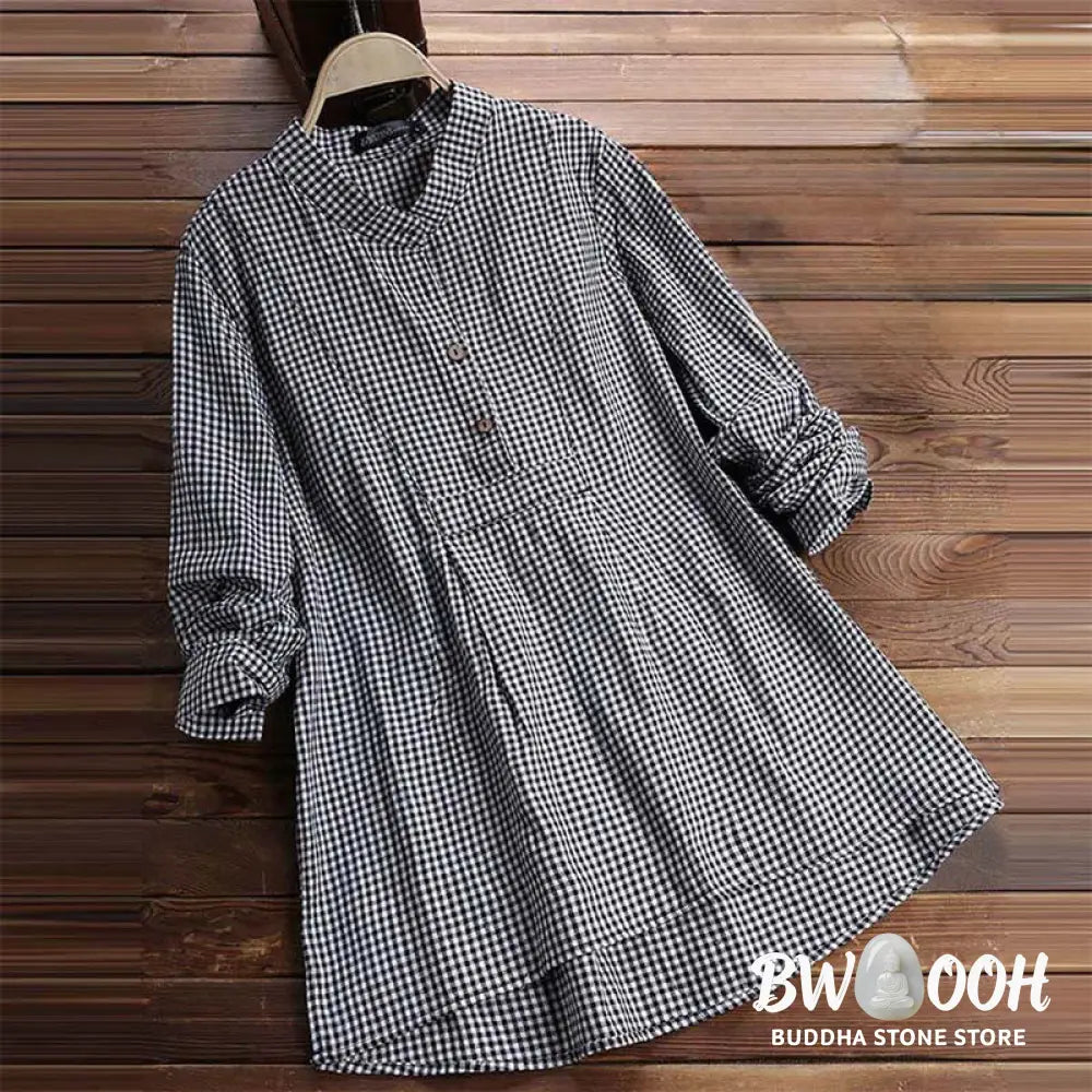 Buddha Stones Women’s Buttons Long Sleeve Checked Pattern Shirt - Women’s Shirts