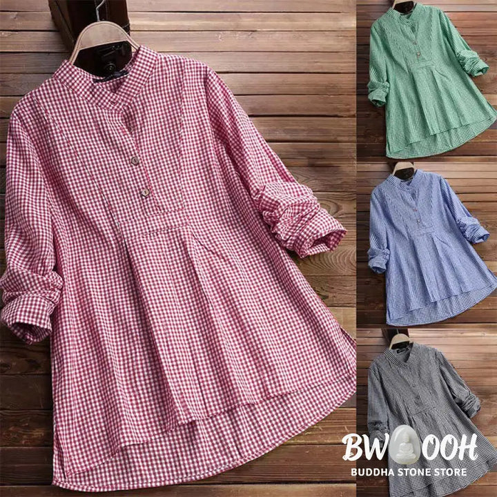 Buddha Stones Women’s Buttons Long Sleeve Checked Pattern Shirt - Women’s Shirts