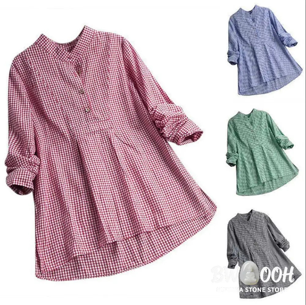 Buddha Stones Women’s Buttons Long Sleeve Checked Pattern Shirt - Women’s Shirts