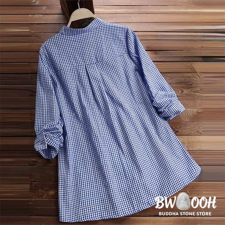 Buddha Stones Women’s Buttons Long Sleeve Checked Pattern Shirt - Women’s Shirts