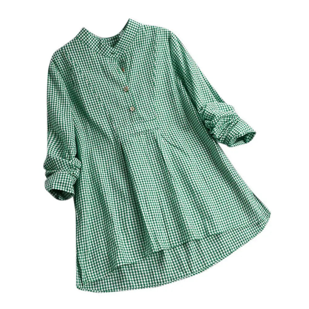 Buddha Stones Women’s Buttons Long Sleeve Checked Pattern Shirt - SpringGreen / US4，UK/AU8，EU36 (L) - Women’s Shirts