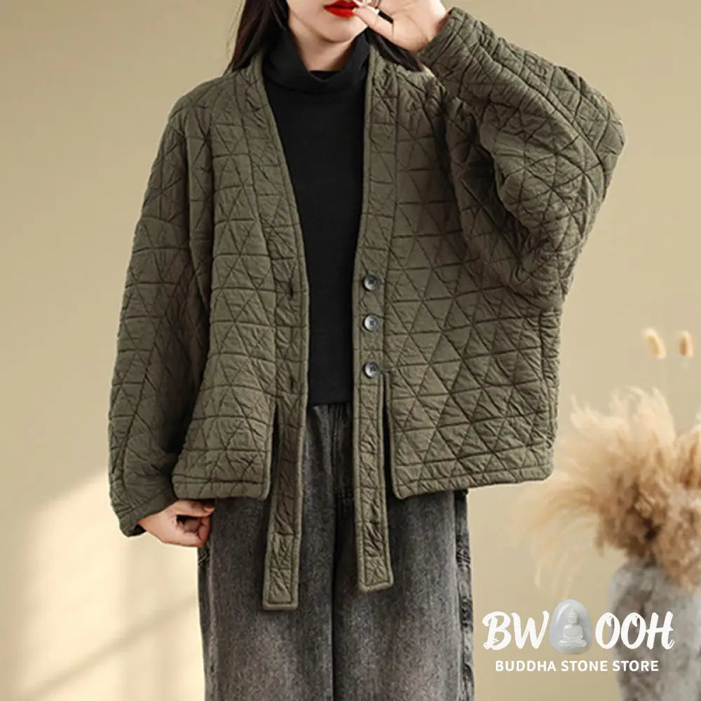 Buddha Stones Women’s Buttons Long Sleeve Thickened Cotton Jacket With Pockets - Women’s Jacket