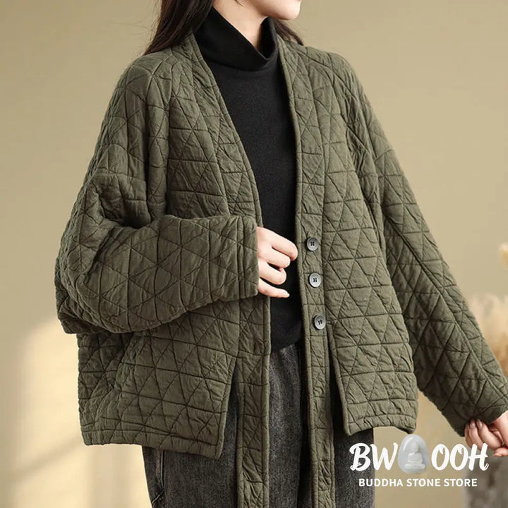 Buddha Stones Women’s Buttons Long Sleeve Thickened Cotton Jacket With Pockets - Women’s Jacket