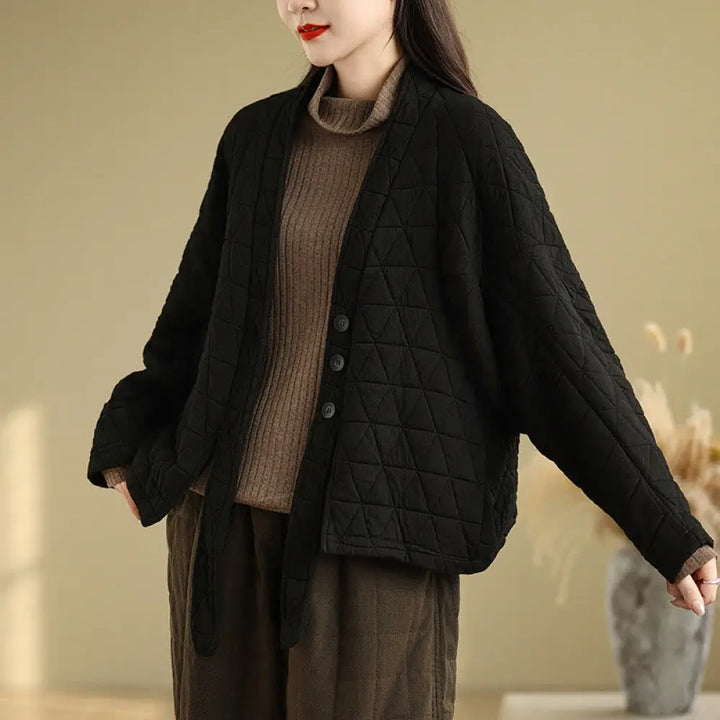 Buddha Stones Women’s Buttons Long Sleeve Thickened Cotton Jacket With Pockets - Black / US6，UK/AU10，EU38 (M) - Women’s