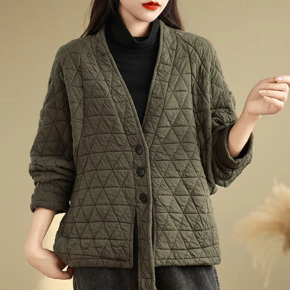 Buddha Stones Women’s Buttons Long Sleeve Thickened Cotton Jacket With Pockets - Olive / US6，UK/AU10，EU38 (M) - Women’s
