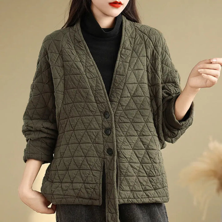 Buddha Stones Women’s Buttons Long Sleeve Thickened Cotton Jacket With Pockets - Olive / US6，UK/AU10，EU38 (M) - Women’s