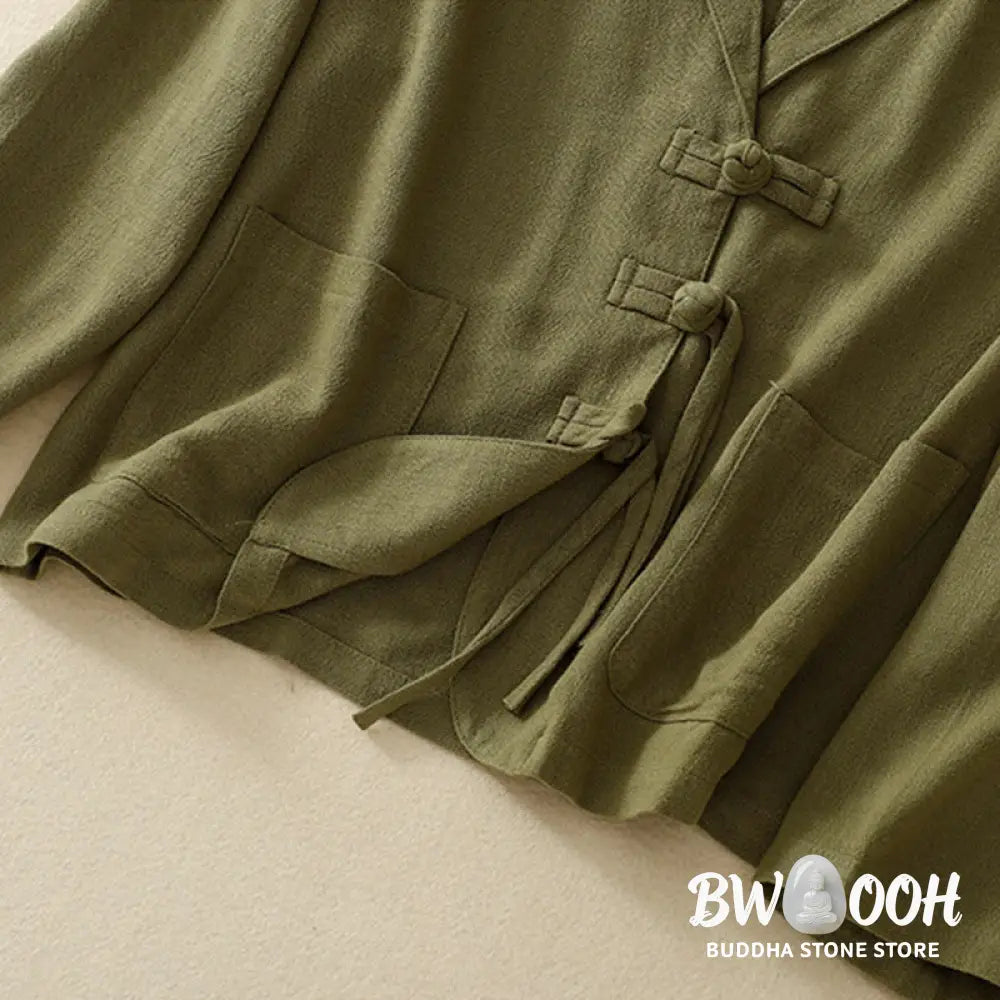 Buddha Stones Women’s Cotton Linen Frog-Button Long Sleeve Jacket With Pockets - Women’s Jacket