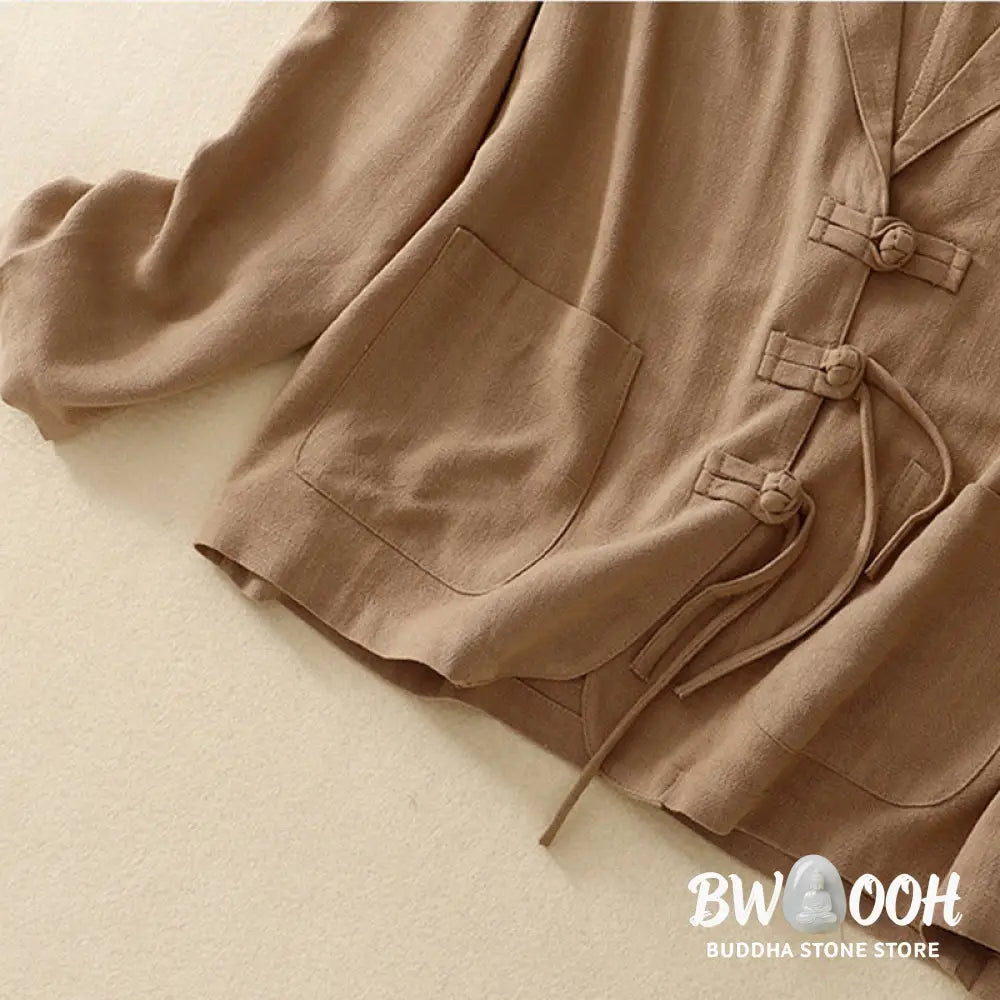 Buddha Stones Women’s Cotton Linen Frog-Button Long Sleeve Jacket With Pockets - Women’s Jacket