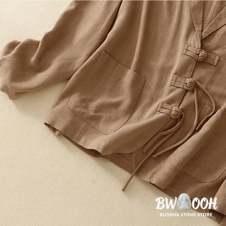Buddha Stones Women’s Cotton Linen Frog-Button Long Sleeve Jacket With Pockets - Women’s Jacket