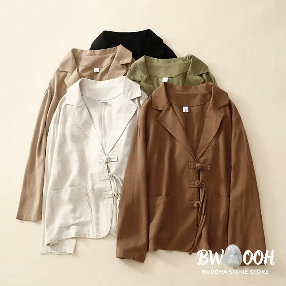 Buddha Stones Women’s Cotton Linen Frog-Button Long Sleeve Jacket With Pockets - Women’s Jacket