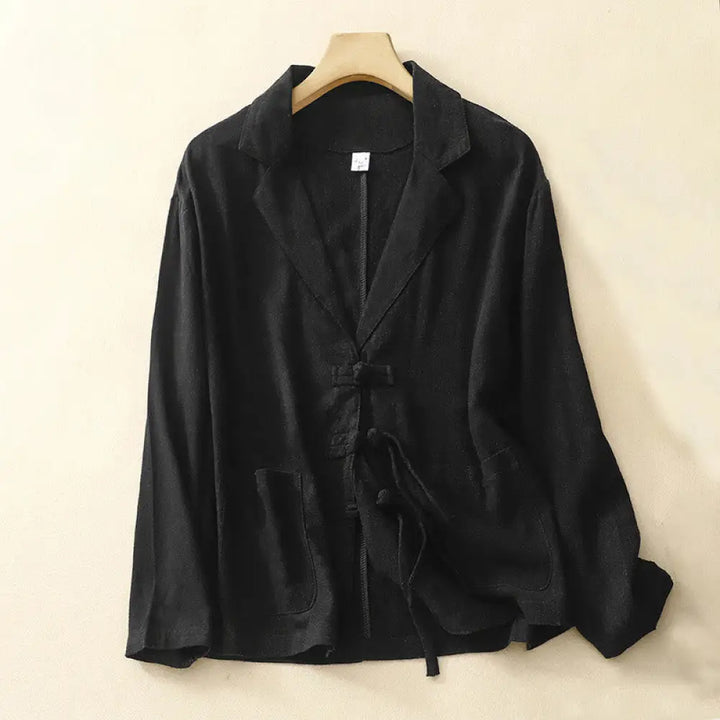 Buddha Stones Women’s Cotton Linen Frog-Button Long Sleeve Jacket With Pockets - Black / US4，UK/AU8，EU36 (M) - Women’s