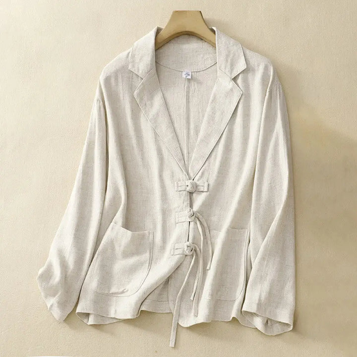 Buddha Stones Women’s Cotton Linen Frog-Button Long Sleeve Jacket With Pockets - FloralWhite / US4，UK/AU8，EU36 (M)