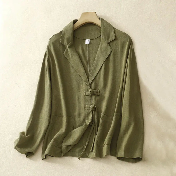 Buddha Stones Women’s Cotton Linen Frog-Button Long Sleeve Jacket With Pockets - Olive / US4，UK/AU8，EU36 (M) - Women’s