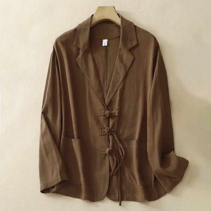 Buddha Stones Women’s Cotton Linen Frog-Button Long Sleeve Jacket With Pockets - Sienna / US4，UK/AU8，EU36 (M) - Women’s