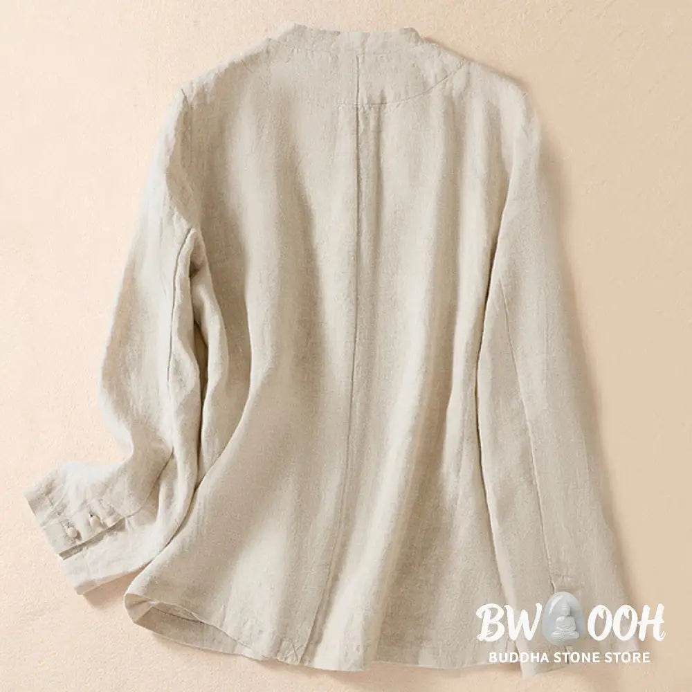 Buddha Stones Women’s Cotton Linen Stand Collar Long Sleeve Shirt With Pockets - Women’s Shirts