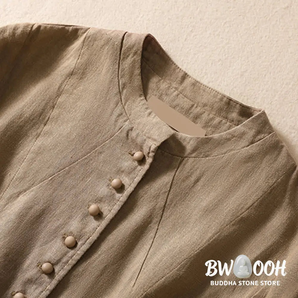 Buddha Stones Women’s Cotton Linen Stand Collar Long Sleeve Shirt With Pockets - Women’s Shirts