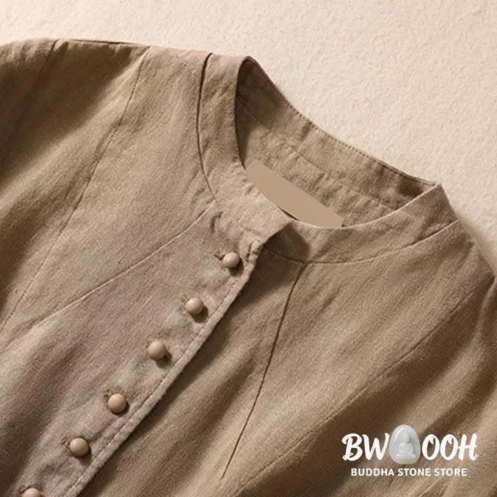 Buddha Stones Women’s Cotton Linen Stand Collar Long Sleeve Shirt With Pockets - Women’s Shirts