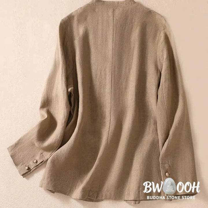 Buddha Stones Women’s Cotton Linen Stand Collar Long Sleeve Shirt With Pockets - Women’s Shirts
