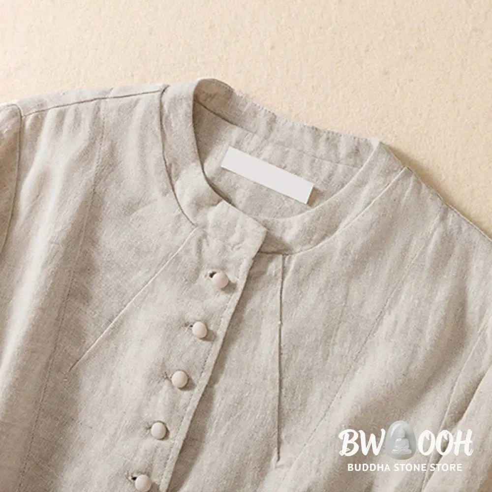 Buddha Stones Women’s Cotton Linen Stand Collar Long Sleeve Shirt With Pockets - Women’s Shirts