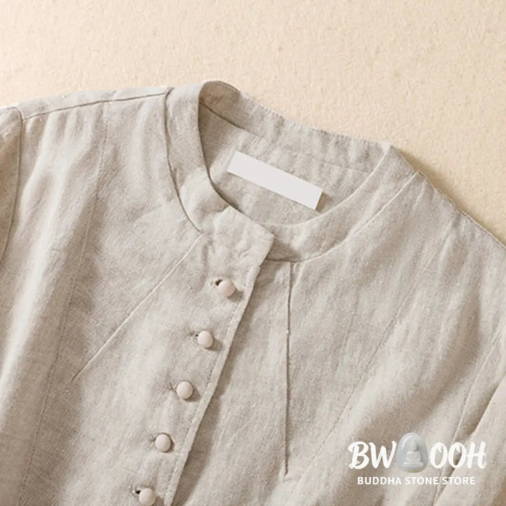 Buddha Stones Women’s Cotton Linen Stand Collar Long Sleeve Shirt With Pockets - Women’s Shirts