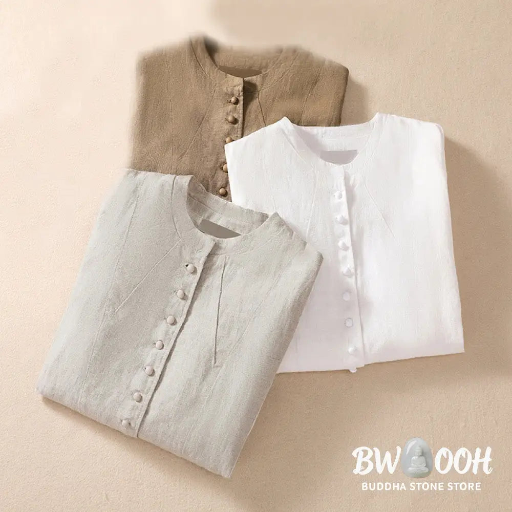 Buddha Stones Women’s Cotton Linen Stand Collar Long Sleeve Shirt With Pockets - Women’s Shirts