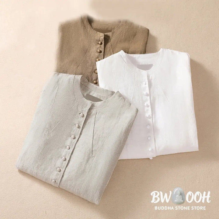 Buddha Stones Women’s Cotton Linen Stand Collar Long Sleeve Shirt With Pockets - Women’s Shirts