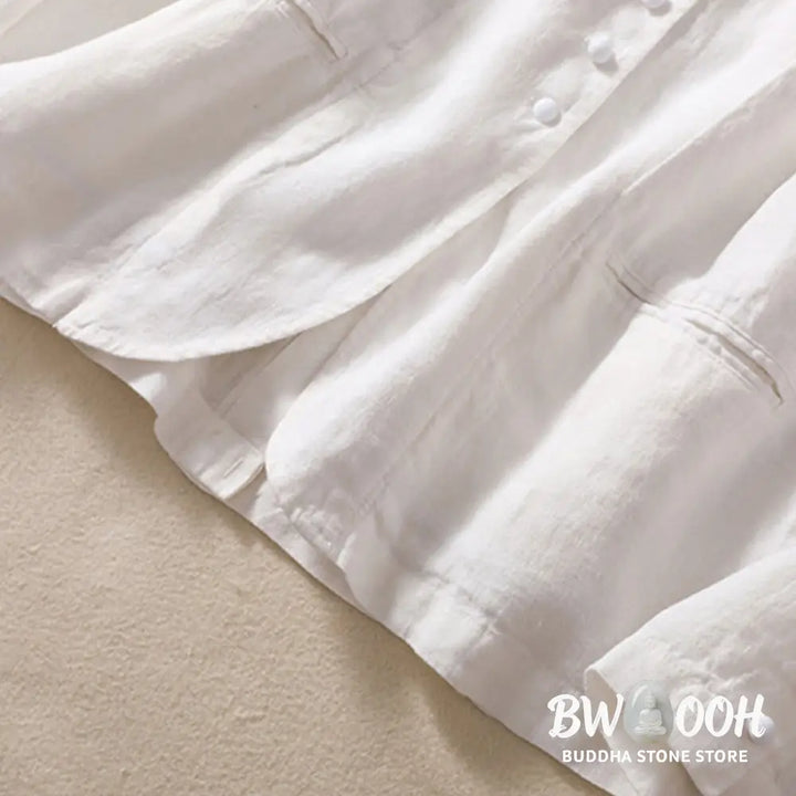 Buddha Stones Women’s Cotton Linen Stand Collar Long Sleeve Shirt With Pockets - Women’s Shirts