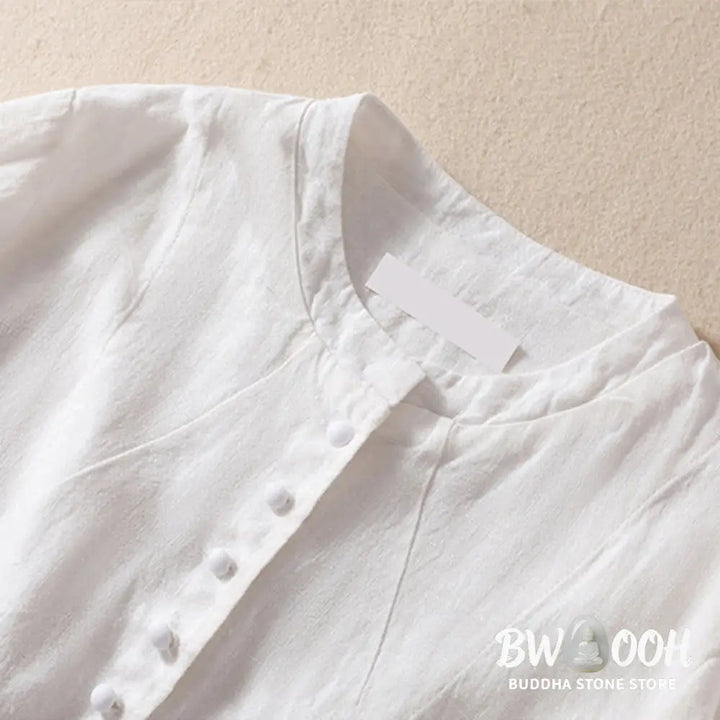 Buddha Stones Women’s Cotton Linen Stand Collar Long Sleeve Shirt With Pockets - Women’s Shirts