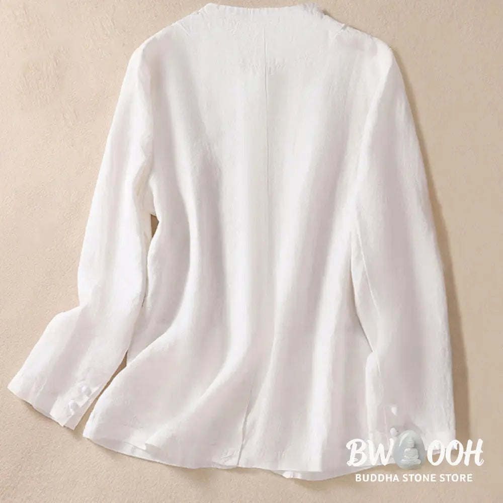 Buddha Stones Women’s Cotton Linen Stand Collar Long Sleeve Shirt With Pockets - Women’s Shirts