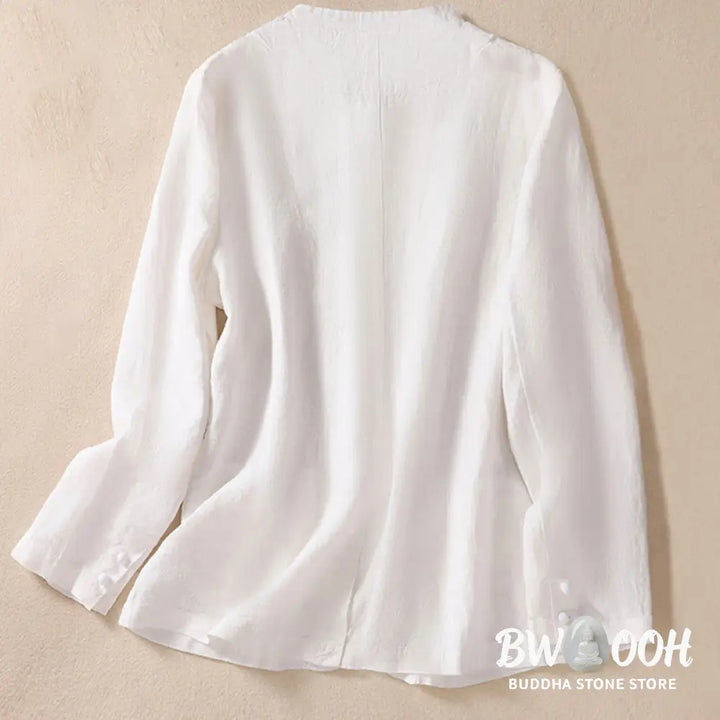 Buddha Stones Women’s Cotton Linen Stand Collar Long Sleeve Shirt With Pockets - Women’s Shirts