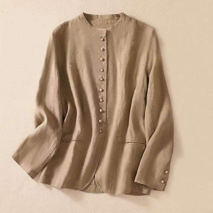 Buddha Stones Women’s Cotton Linen Stand Collar Long Sleeve Shirt With Pockets - Tan / US4，UK/AU8，EU36 (L) - Women’s
