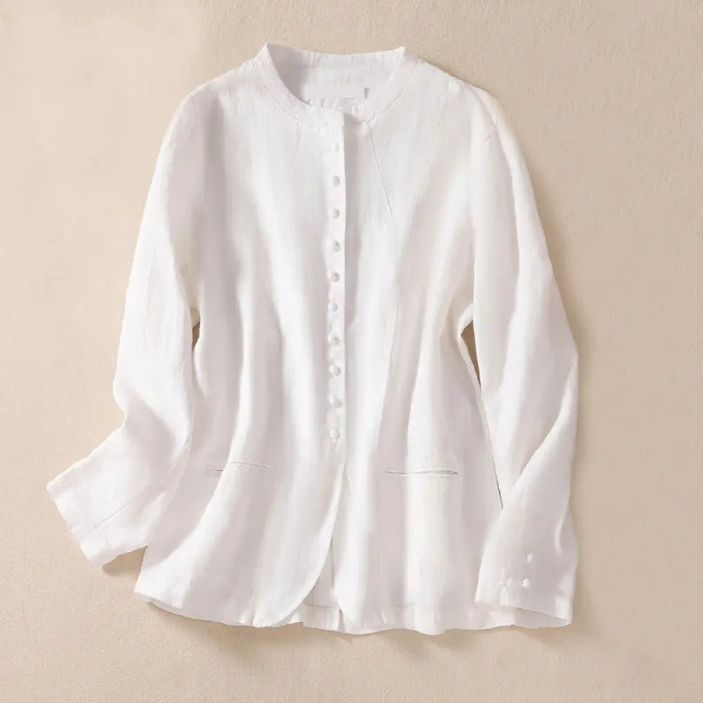 Buddha Stones Women’s Cotton Linen Stand Collar Long Sleeve Shirt With Pockets - White / US4，UK/AU8，EU36 (L) - Women’s