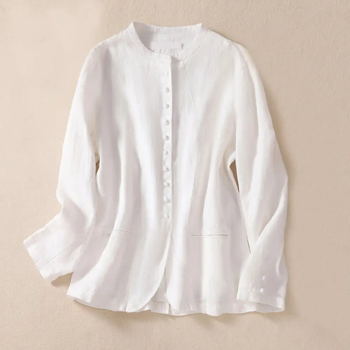 Buddha Stones Women’s Cotton Linen Stand Collar Long Sleeve Shirt With Pockets - White / US4，UK/AU8，EU36 (L) - Women’s