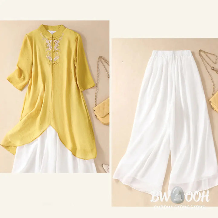Buddha Stones Women’s Flower Embroidery Frog-Button Shirt Dress Wide Leg Pants - Women’s Meditation Cloth