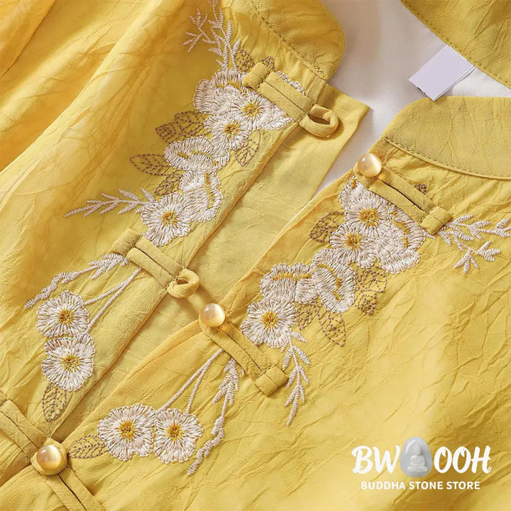 Buddha Stones Women’s Flower Embroidery Frog-Button Shirt Dress Wide Leg Pants - Women’s Meditation Cloth