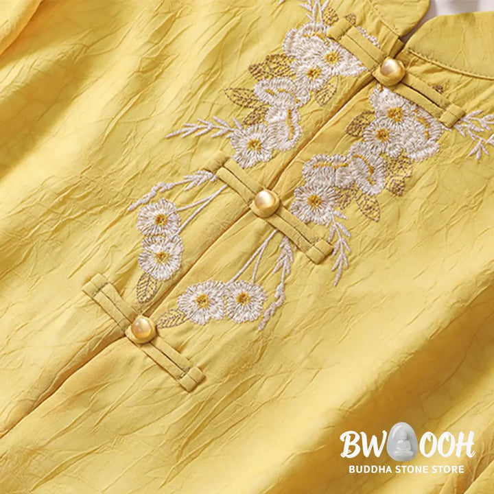 Buddha Stones Women’s Flower Embroidery Frog-Button Shirt Dress Wide Leg Pants - Women’s Meditation Cloth