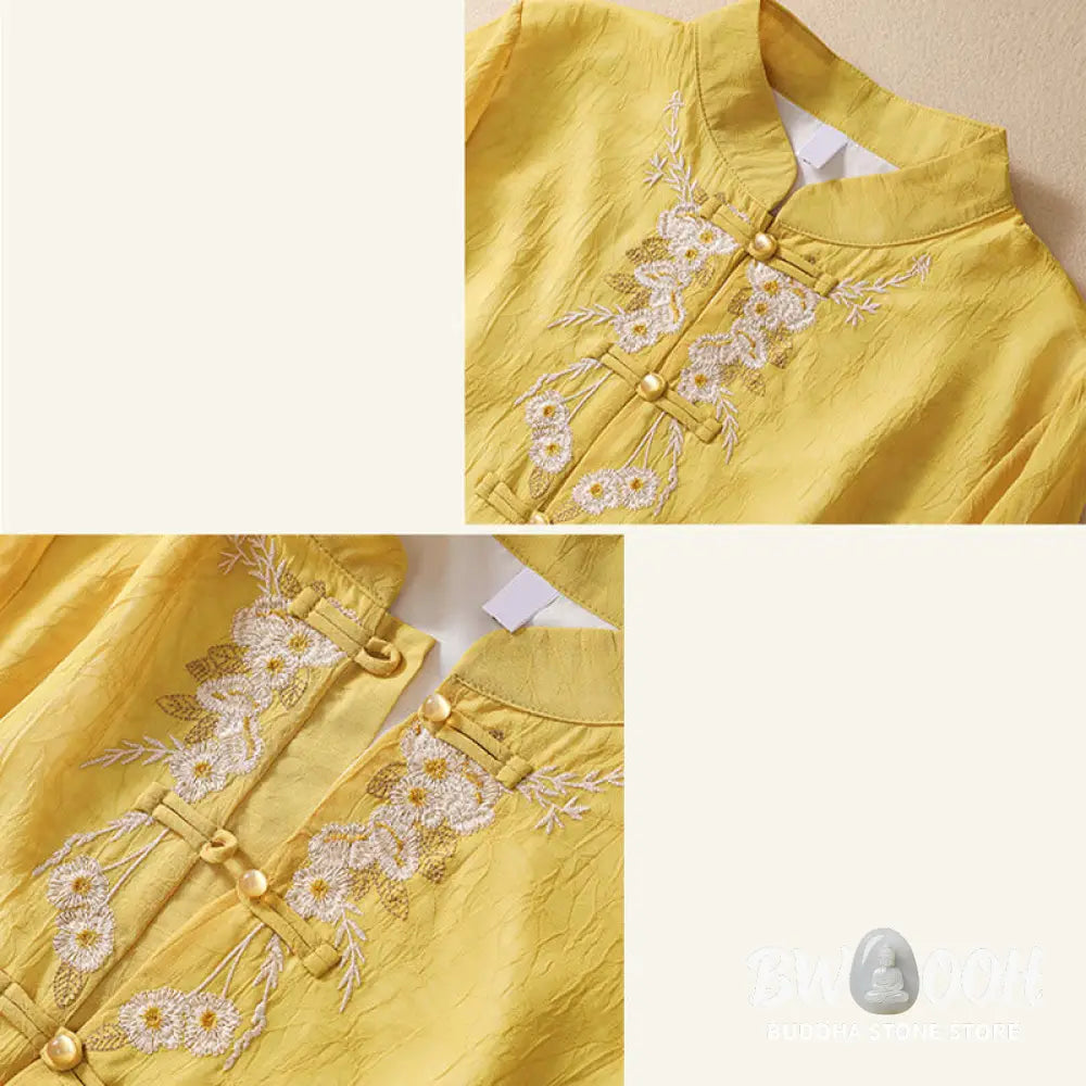 Buddha Stones Women’s Flower Embroidery Frog-Button Shirt Dress Wide Leg Pants - Women’s Meditation Cloth