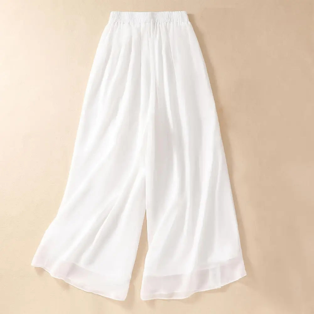Buddha Stones Women’s Flower Embroidery Frog-Button Shirt Dress Wide Leg Pants - White Wide Leg Pants / US4，UK/AU8，EU36