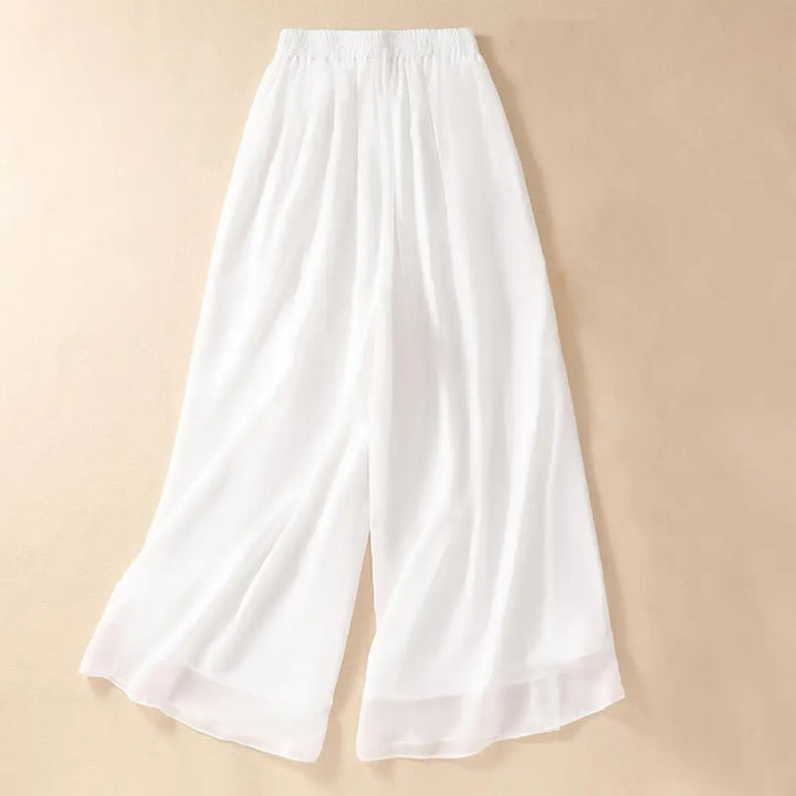 Buddha Stones Women’s Flower Embroidery Frog-Button Shirt Dress Wide Leg Pants - White Wide Leg Pants / US4，UK/AU8，EU36