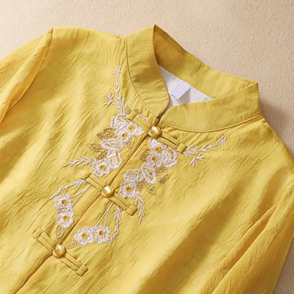 Buddha Stones Women’s Flower Embroidery Frog-Button Shirt Dress Wide Leg Pants - Yellow Shirt / US4，UK/AU8，EU36 (L)