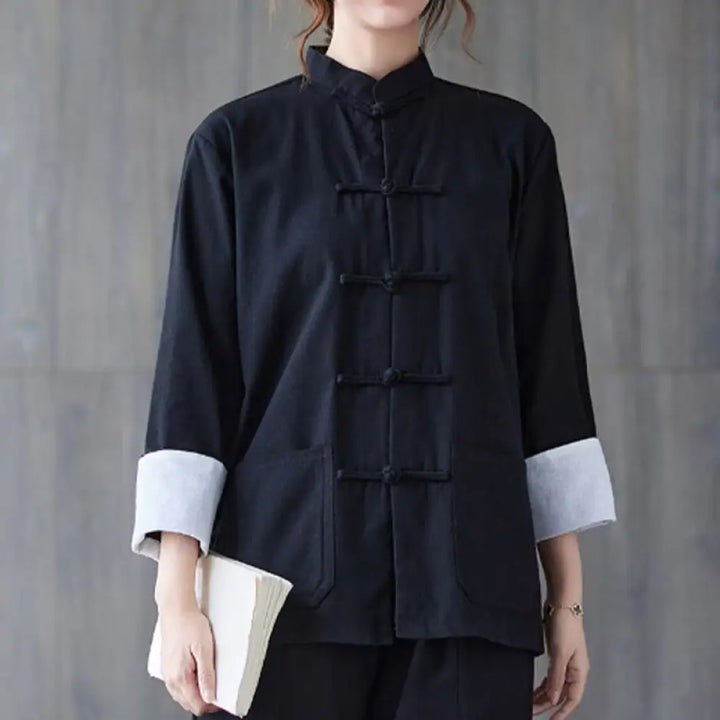 Buddha Stones Women’s Frog-Button Long Sleeve Shirt Pants Meditation Cotton Linen Clothing - Black Shirt