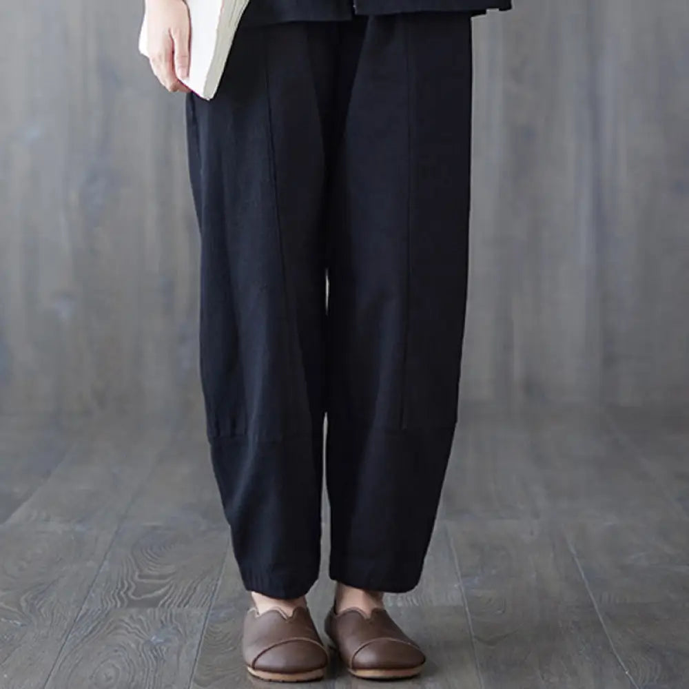 Buddha Stones Women’s Frog-Button Long Sleeve Shirt Pants Meditation Cotton Linen Clothing - Black Pants