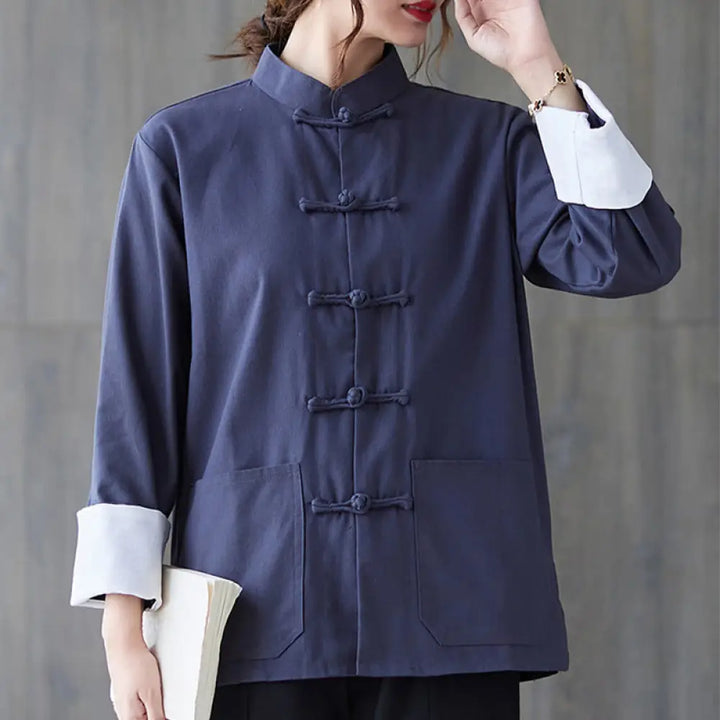 Buddha Stones Women’s Frog-Button Long Sleeve Shirt Pants Meditation Cotton Linen Clothing - Blue Shirt