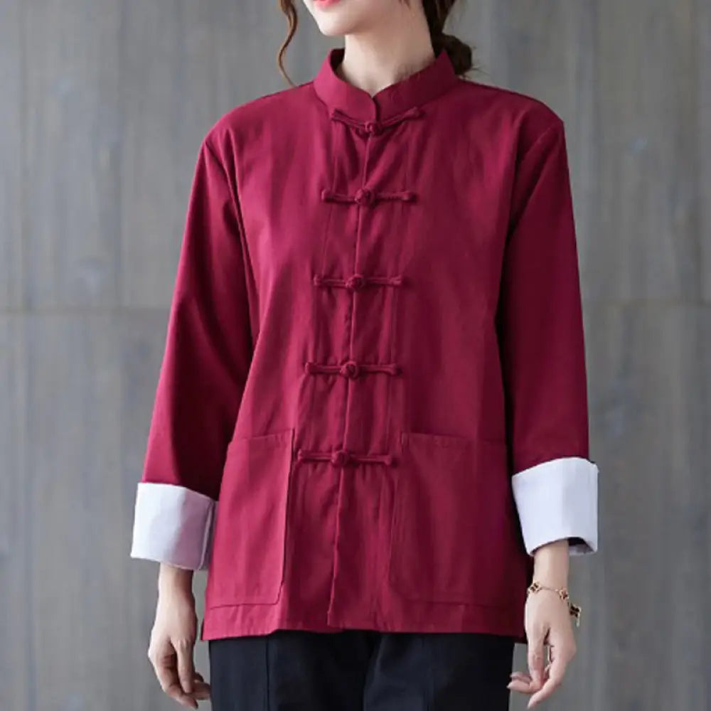 Buddha Stones Women’s Frog-Button Long Sleeve Shirt Pants Meditation Cotton Linen Clothing - Burgundy Shirt