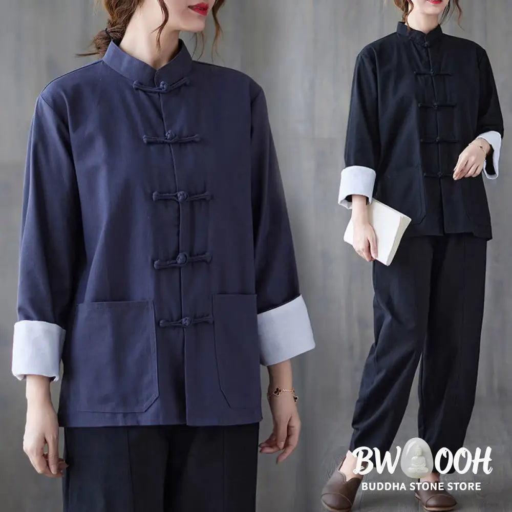 Buddha Stones Women’s Frog-Button Long Sleeve Shirt Pants Meditation Cotton Linen Clothing - Women’s Meditation Cloth