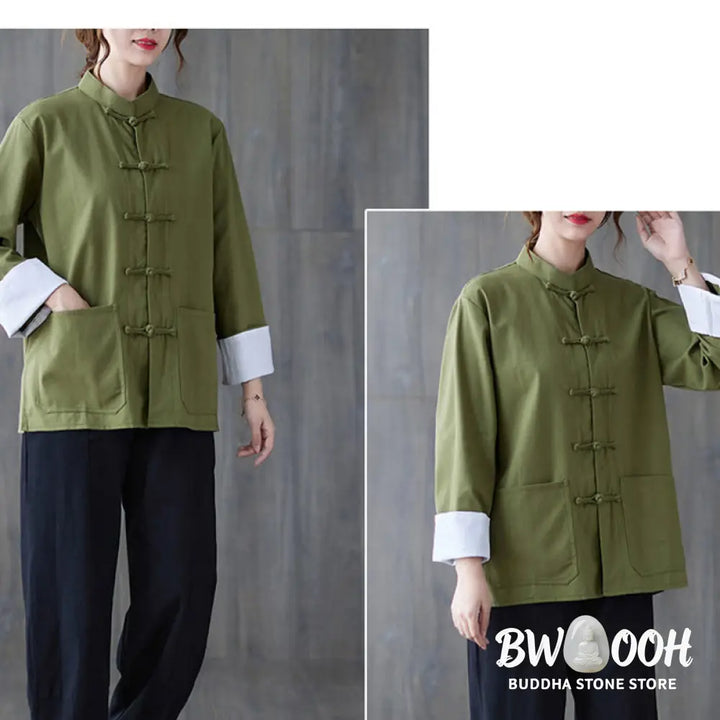 Buddha Stones Women’s Frog-Button Long Sleeve Shirt Pants Meditation Cotton Linen Clothing - Women’s Meditation Cloth
